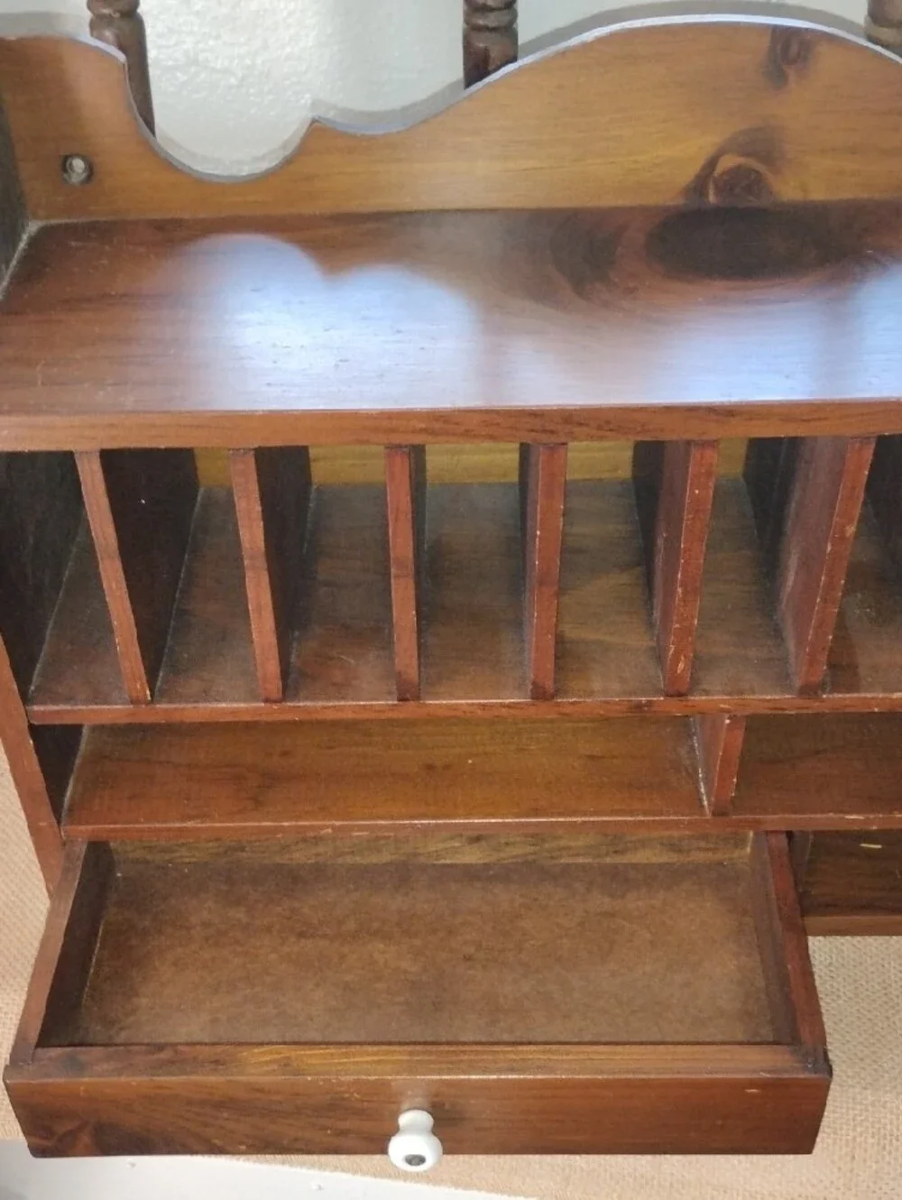 Vintage MCM Wooden Wall Mail CABINET with Drawers - RICH BROWN WOOD 19.5  X 12